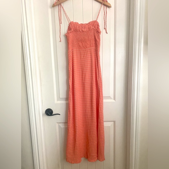 CLEOBELLA Coral Peach Pink Polka Dot Emily Sleeveless Midi Slip Dress Size Small - Picture 7 of 11